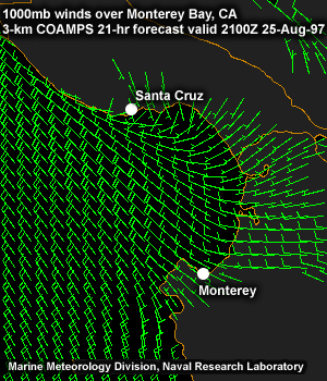 1000 mb winds over Monterey Bay, CA.