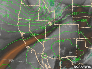 Satellite water vapor image with overlaid 500 hPa heights.