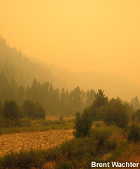 Smokey haze turns the sky yellow over a mountain valley.