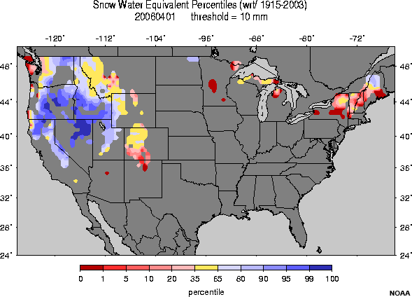 Snow Water Equivalent Percentiles (wrt/1915-2003), 1 Apr 06.