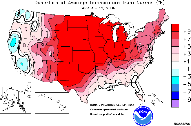 Departure of average temperature from normal, 9-15 Apr 06.