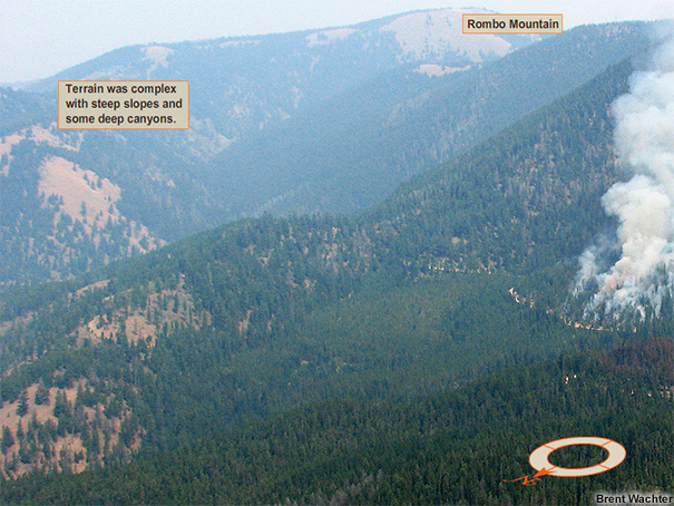 Overhead view of the fire area on Rombo Mountain.