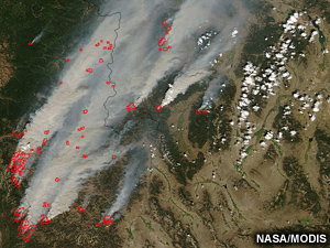 MODIS satellite image showing smoke plumes over eastern Idaho.