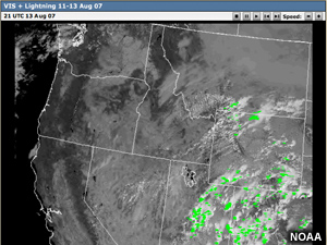 Visible satellite with lightning detections.