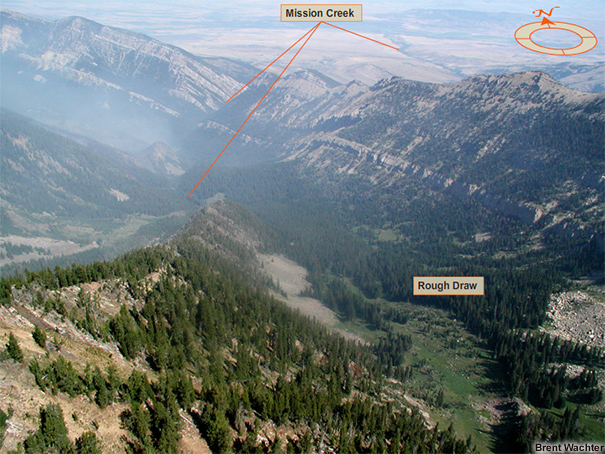 Overhead view of the Mission Creek drainage, looking from the south.