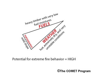 Fire environment triangle with a mild topography slope, but favorable fuels and weather conditions.